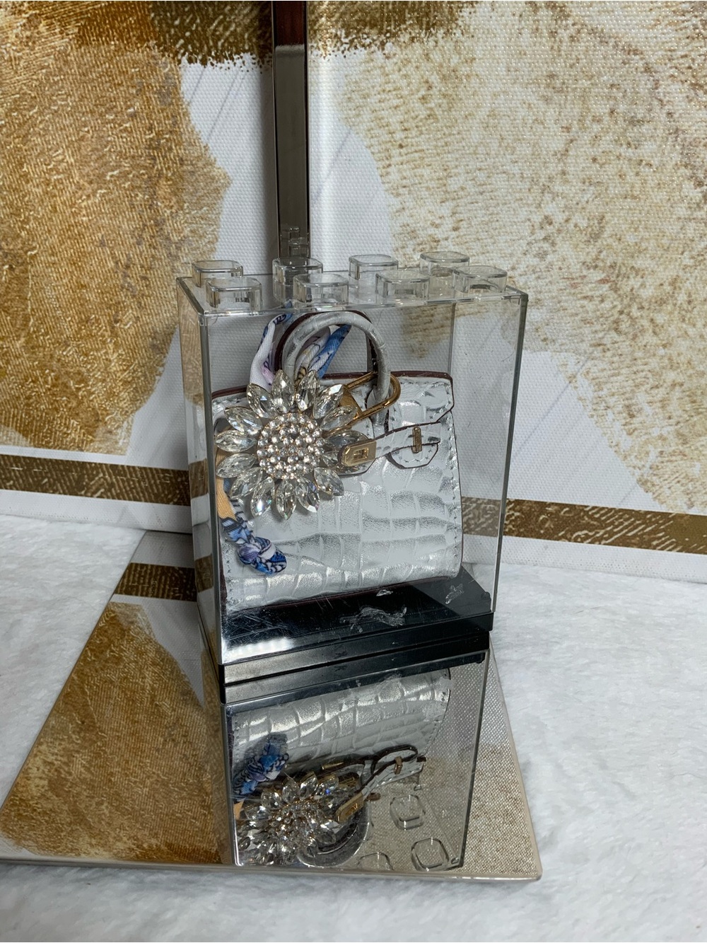 Silver Croc-Embossed Decorative Handbag Bag Charm with Rhinestone Brooch